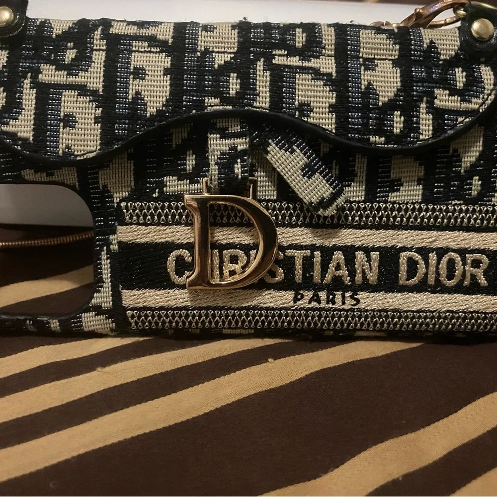 Dior OBLIQUE JACQUARD BLUE GRAINED CALFSKIN IPhone Case with Gold Chain